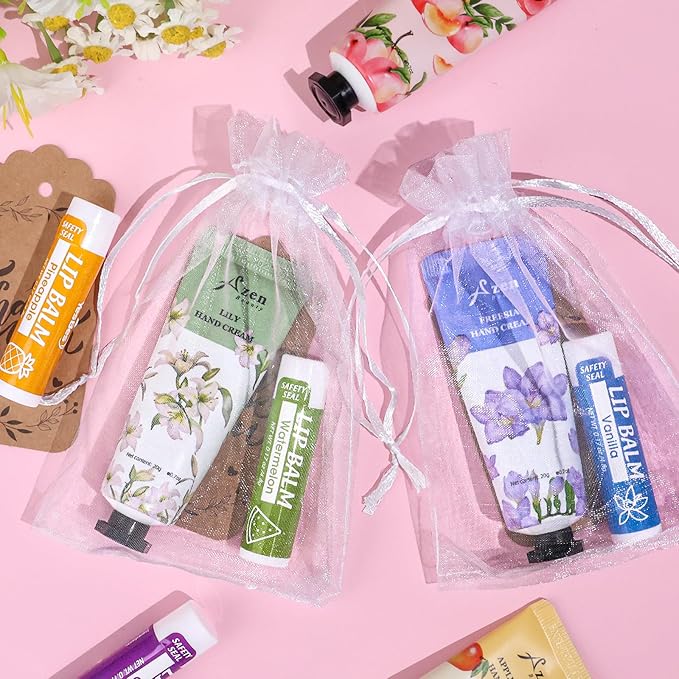 AZEN 16 Sets Bulk Gifts, Hand Cream and Lip Balm Bulk Set with Organza Bag Thank You Card, Baby Shower Wedding Gift for Guests, Bridal Wedding Favors for Guests, Mothers Day Gifts Stocking Stuffers