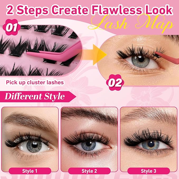 PROLASHBEAUTY Self Adhesive Eyelashes Butterfly Lash Clusters Self Adhesive Lashes No Glue Needed Lashes 10-16MM Pre Glued Eyelashes Clusters with Anti-Stick Tweezer(Butterfly,10-16mix)