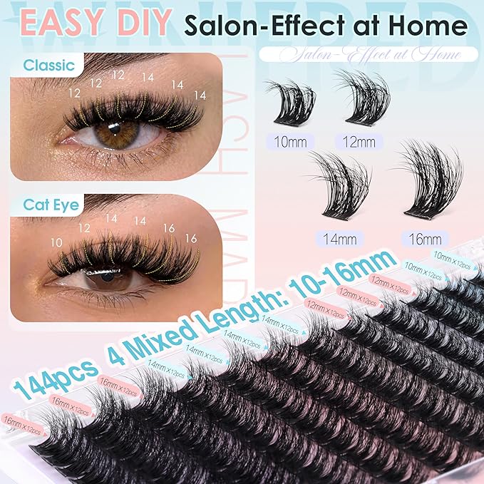 Winifred Natural Fluffy Lash Clusters 3D Wispy Cluster Eyelash Extensions Medium Volume Lashes DIY Eyelash Clusters 10-16mm Wide Band Lash Extensions Lightweight Hyrid Faux Mink Individual Lashes