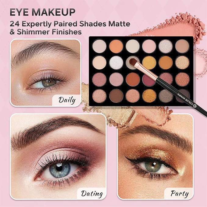 Color Nymph Beginner Makeup Kit For Teens With The Small Cosmetic Train Case Included 24-Colors Eyeshadow Palette Blushes Bronzer Highlighter Lipstick Brushes Mirror(Pink)
