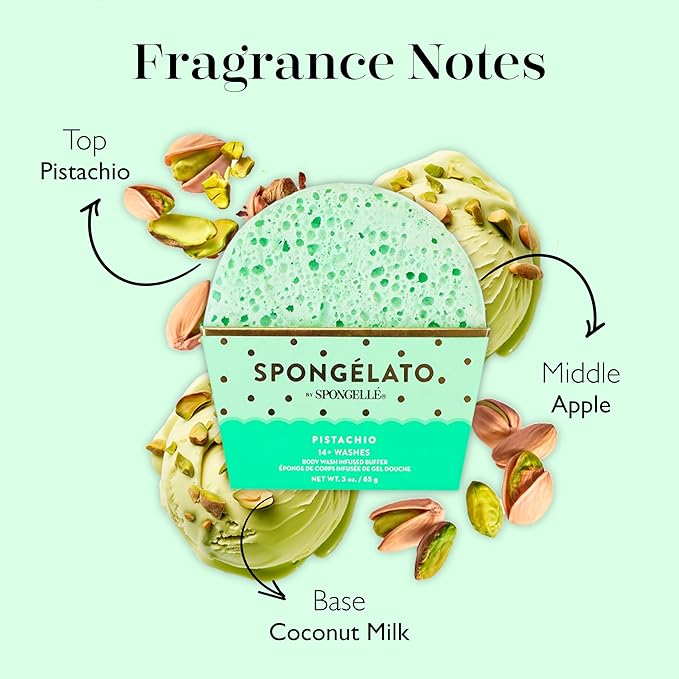Spongellé Pistachio Spongélato Bath Sponge | Built-In Body Wash & Body Scrubber, Shower Loofah Sponge for Women | 14+ uses