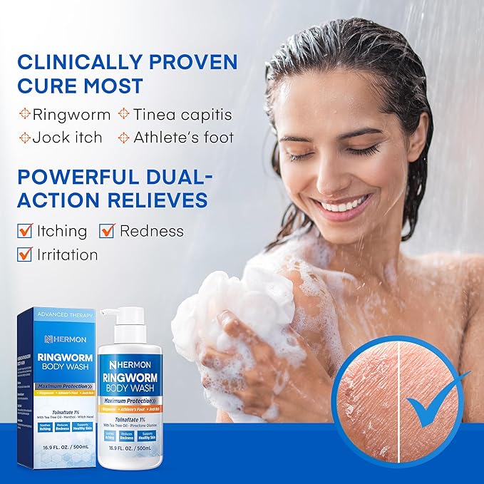 Antifungal Ringworm Treatment Body Wash - Antibacterial Wash with 1% Tolnaftate & Tea Tree Oil for Ringworm, Jock Itch, Tinea, Back Acne & Foot Odor on back, chest, groin, feet for Men and Women 500ml