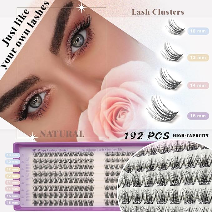 Wispy Lash Clusters Kit, Natural Lash Cluster Eyelash Extensions 192 Pcs C Curl 10-16mm Individual Fluffy False Eyelashes Thin Band DIY Kit for Beginners at Home