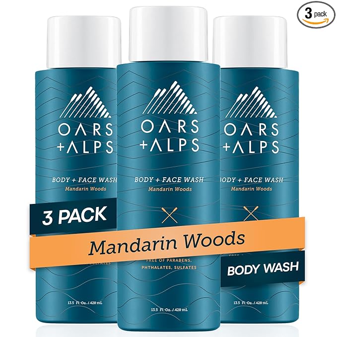 Oars + Alps Body Wash for Men, Mens Body Wash & Face Cleanser with Vitamin E & Antioxidants, Moisturizing, Paraben & Sulfate Free Cleanser, Mandarin Woods, 3pk
