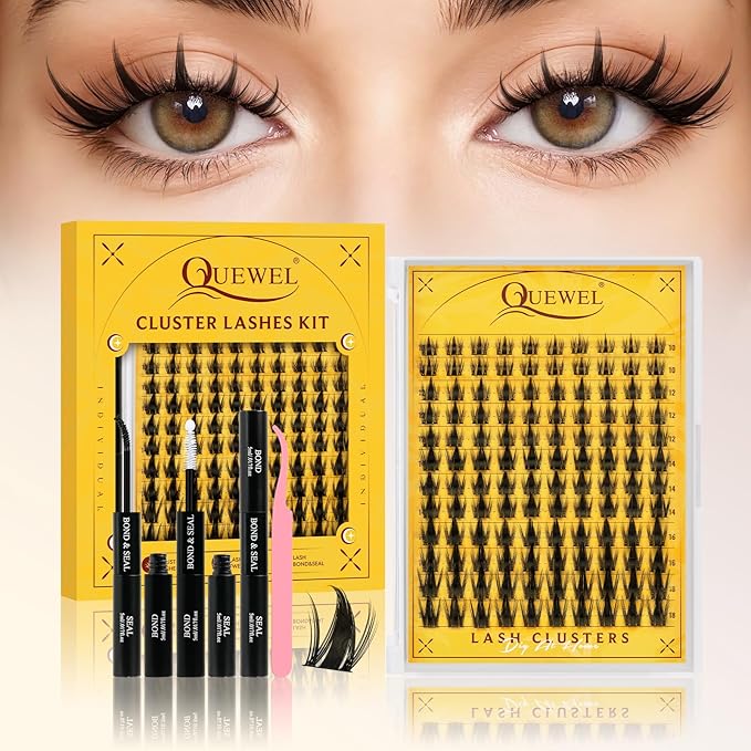 QUEWEL Fairy Lash Clusters Kit, 120PCS Cluster Eyelash Extensions kit with Lash Bond and Seal, C Curve Manga Lash Clusters Natural Look with Thin Band Easy to Use for Beginners (DJ-FD-C）