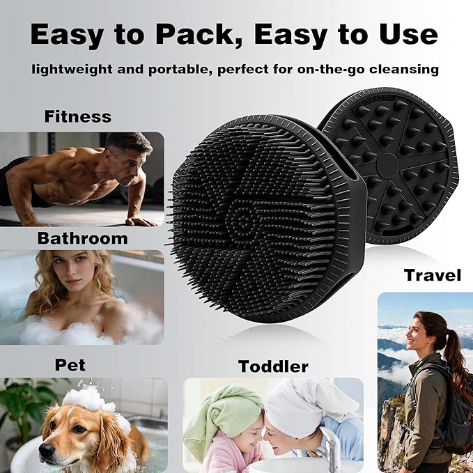 Silicone Body Scrubber for Men Women, Dual-Sided Bath Brushes Gentle Exfoliating Body Scrubber Scalp Massager for Deep Cleansing, Soft Silicone Loofah Body Washing Brushes (Black)