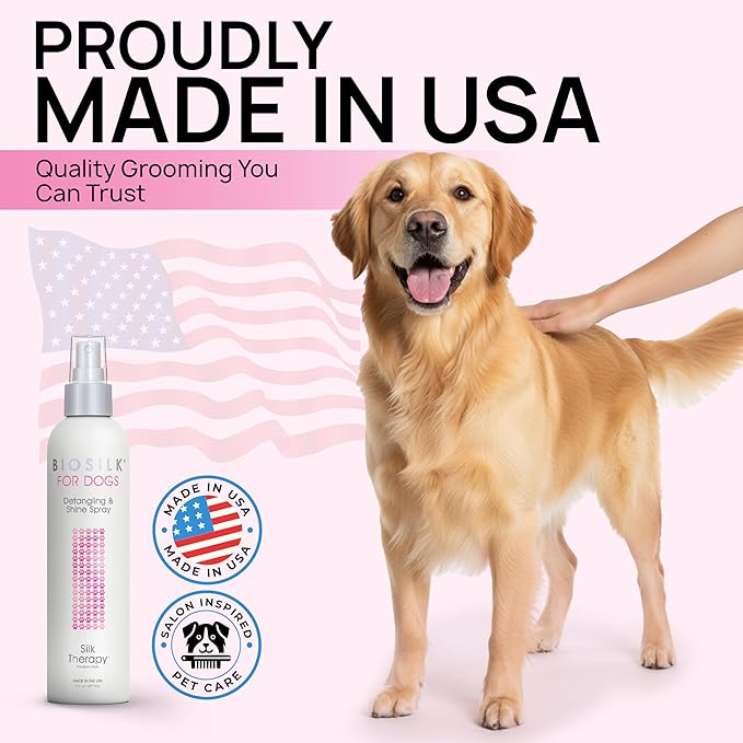 BioSilk for Dogs Silk Therapy Detangling and Shine Protecting Spray, pH Balanced Leave-In Mist with Silk and Vitamins for Dematting, Paraben-Free, All Coats and Breeds, 8 Fl Oz