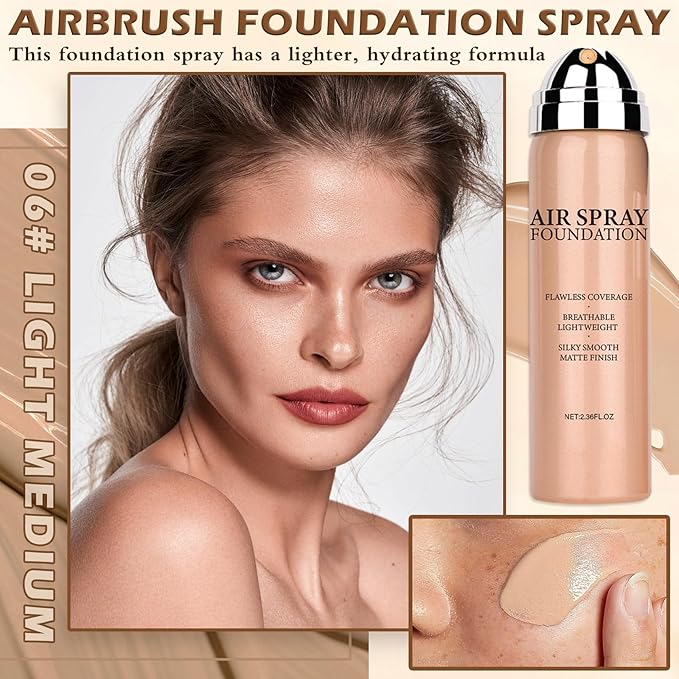 AIUEO Magic Minerals Airbrush Foundation Makeup Silky Mist Spray Foundation Makeup Airbrush Flawless Setting Spray Foundation for Mature Skin-06 Light Medium