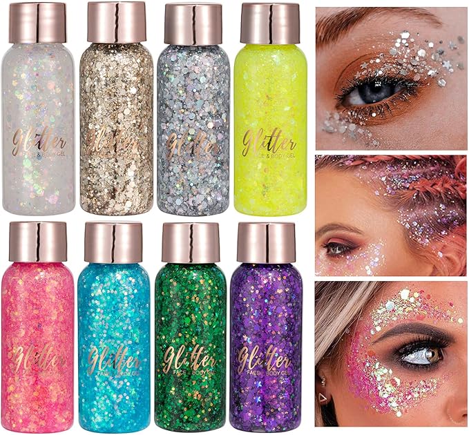Mermaid Sequins Chunky Glitter Liquid Eyeshadow Glitter Body Gel Festival Glitter Cosmetic Face Hair Nails Makeup Long Lasting Sparkling 30g (#106 Light Blue)
