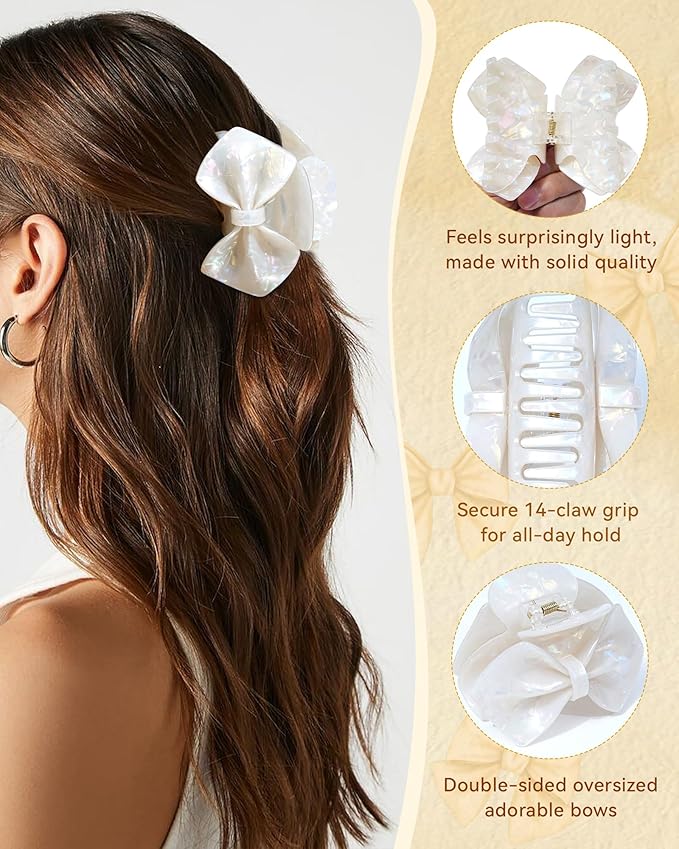 ACECHA Cute Bow Claw Clip - 3.1 Inch Sparkly Hair Claw Clips for Women, Non-slip Hairclips for Thin and Thick, Elegant Hair Accessories for Wedding Prom Party (White)