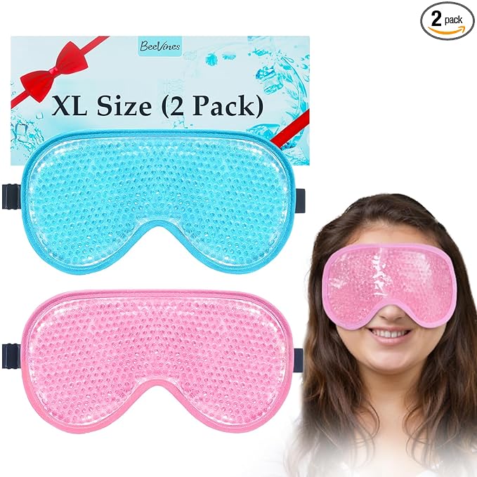 BeeVines XL Gel Eye Mask, 2 Pack Cooling Ice Masks for Puffy Eyes for Men & Women, Cold & Warm Compress for Post Surgery, Puffiness, Allergies, Sinuses & Migraines Treatment