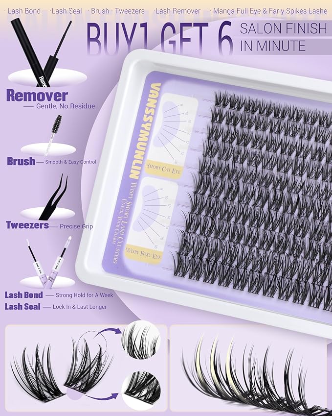 Wispy Lash Clusters Kit with Remover Natural Eyelashes Clusters Lightweight C Curl Cluster Eyelash Extensions Short Individual Lashes DIY Eyelash Extension Kit with Waterproof Lash Cluster Glue 8-16mm