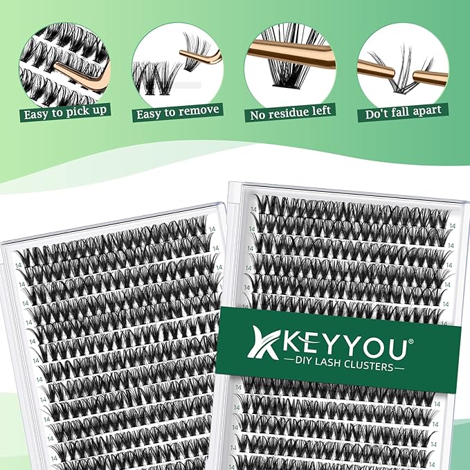 KEYYOU Lash Clusters 300pcs Individual Lashes, 40D 0.07D Curl 14mm DIY Eyelash Extension, Soft & Natural Volume Cluster Lashes with Large Tray