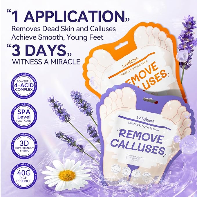 LANBENA Lavender + Vitamin C Foot Peel Mask（2 Pairs, Exfoliator Peel Off Calluses Dead Skin Callus Remover, Repairing Rough Heels for Men and Women, for Baby Soft & Smooth Feet