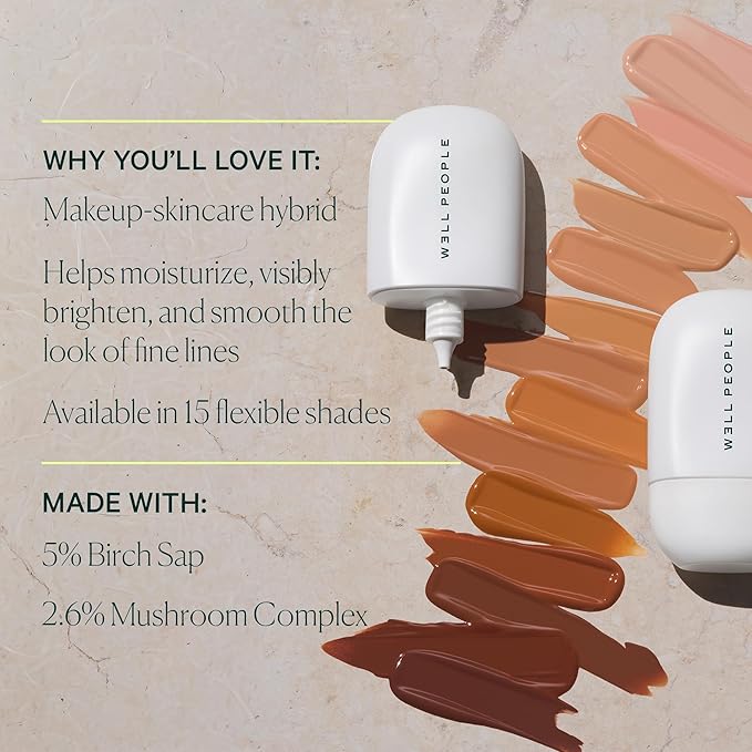 Well People Skinforia Serum Foundation, Lightweight Tinted Formula Hydrates, Smooths, and Evens Skin Tone with Birch Sap and Mushroom Complex, Long-Lasting, Natural Finish, 30 Medium Tan Warm