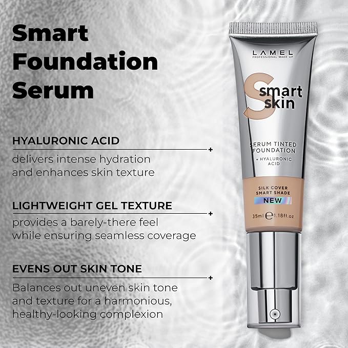 LAMEL Smartskin Serum Tinted Foundation - Hydrating & Nourishing - Hypoallergenic & Skin-Caring - Color Correcting - Anti-Aging Formula with Hyaluronic Acid, 404-1,18 fl.oz