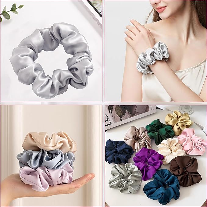 100% Mulberry Silk Scrunchies - 16 Momme Hair Ties for Women with Curly, Thick or Thin Hair, Black Satin for Sleep (1, 05 Grey)