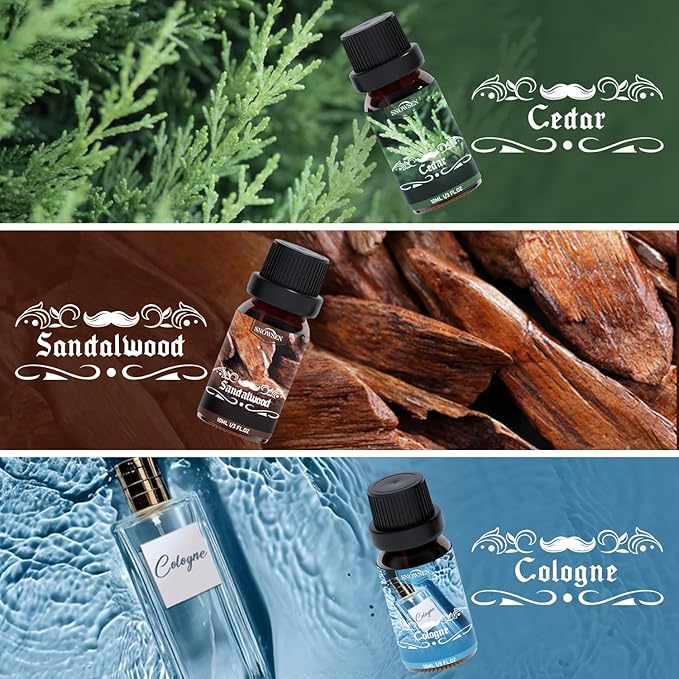 Men Diffuser Oils Gift Set for Father's Day, SNOWSEN Gentlemen's Essential Oil Set for Diffuser for Home, Candles Scents & Perfume, Sandalwood, Cologne, Smoked Ebony, Amber Rum, Cedar, Sweet Tobacco