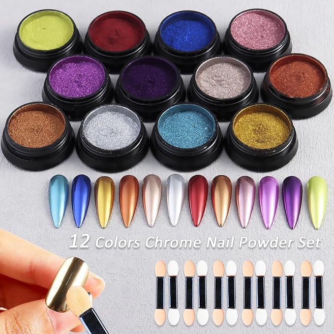 Chrome Nail Powder 12 Colors Metallic Chrome Powder for Nails Mirror Effect Neon Red Green Blue Purple Chrome Powder Set Extra Fine Glitter Rub Pigment Y2K Nail Design Manicure Supplies