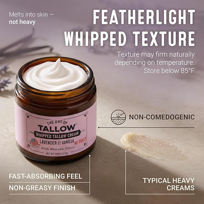 Tallow Face Moisturizer – Lavender Vanilla Beef Tallow for Skin, Whipped Tallow Cream with Manuka Honey & Organic Jojoba Oil, Face Cream, Grass Fed & Finished, Made in USA, 1.5 oz