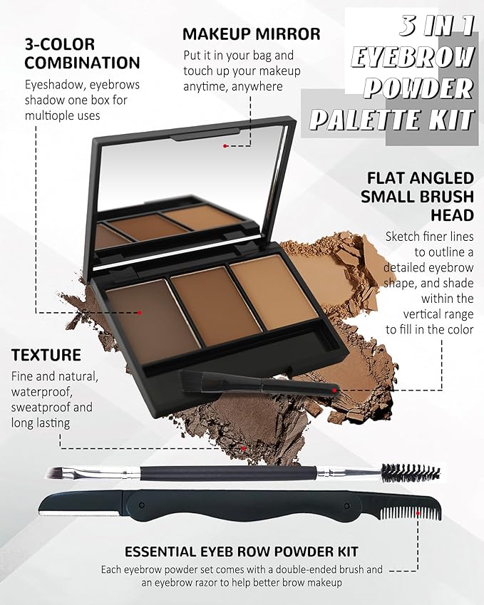 Eyebrow Powder Kit,3 Color Dark Medium Light Brown Eye Brow Powder Palette with Razor Brush, Long Lasting Waterproof Brow Filler Fill & Shapping Full Eyebrows,Mother's Day Makeup Gift Set for Women-01