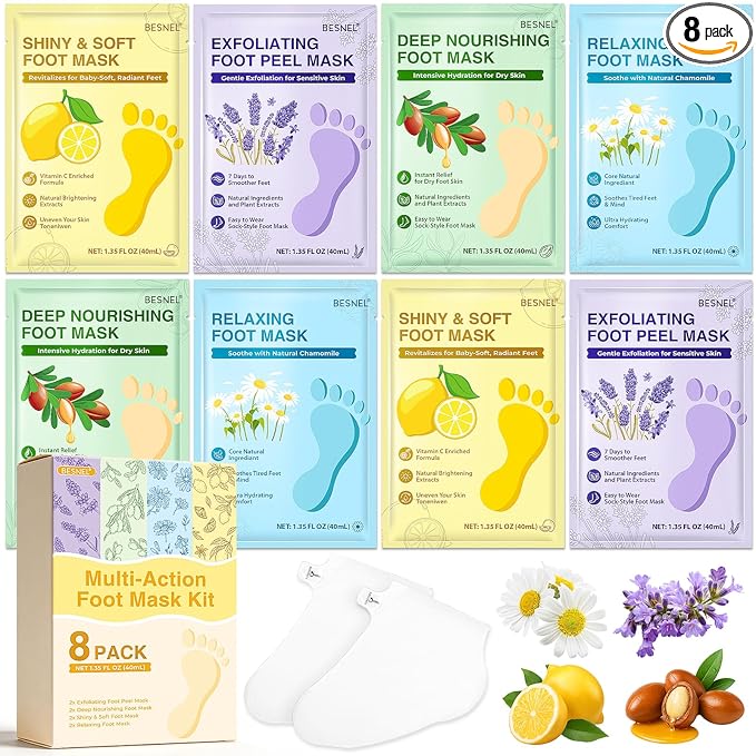 8 Pack Moisturizing Foot Mask,Hydrating Foot Masks for Dry Cracked Feet,Soothing Dry Skin Moisturizer Socks for Baby Soft Feet,Teacher Appreciation Gifts,Foot Care Spa Gifts for Women Men(4 Styles)