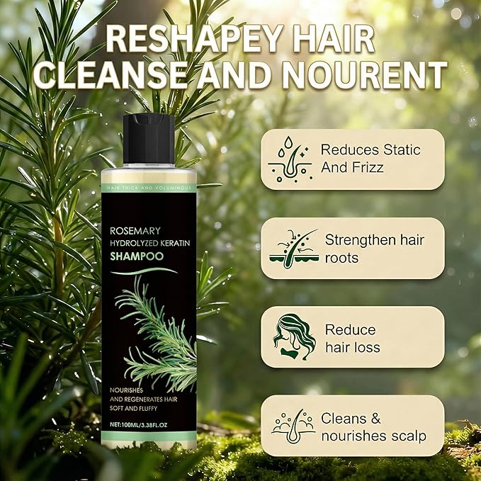 Rosemary Hair Growth Shampoo, Rosemary Hydrolyzed Keratin Shampoo for Thinning Hair – Strengthening & Volumizing Formula – Promotes Thicker Hair for Men & Women – Repairs Damaged – 100ml
