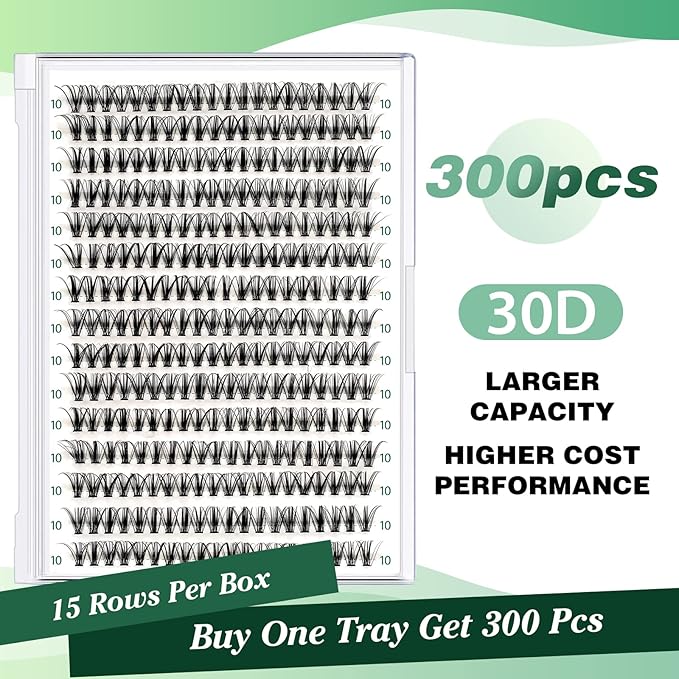 KEYYOU Lash Clusters 300pcs Individual Lashes, 30D 0.07D Curl 10mm DIY Eyelash Extension, Soft & Natural Volume Cluster Lashes with Large Tray