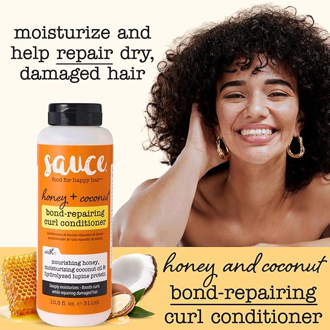 SAUCE Honey + Coconut Bond Repair Curly Hair Conditioner, 10.5 Fl Oz, Controls Frizz, Helps Repair Damage & Reduce Breakage with Lupine Protein & Squalane, No Sulfates & Parabens