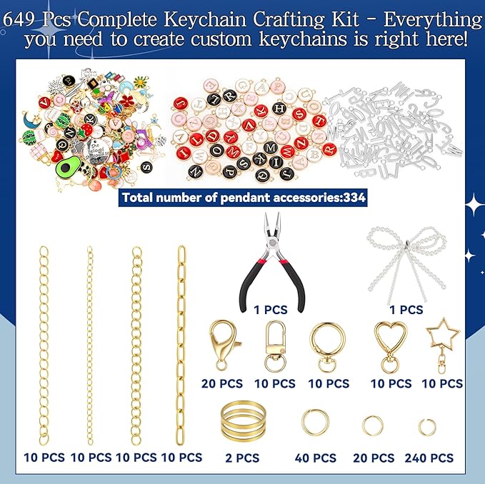 DRHWEFSQ 648Pcs Lip Gloss Keychain Making Kit, DIY Jewelry Supplies with 236 Charms, 50 Extender Chains, 60 Clips, 300 Jump Rings & Plier for Custom Keychains, Bags, Handmade Gifts