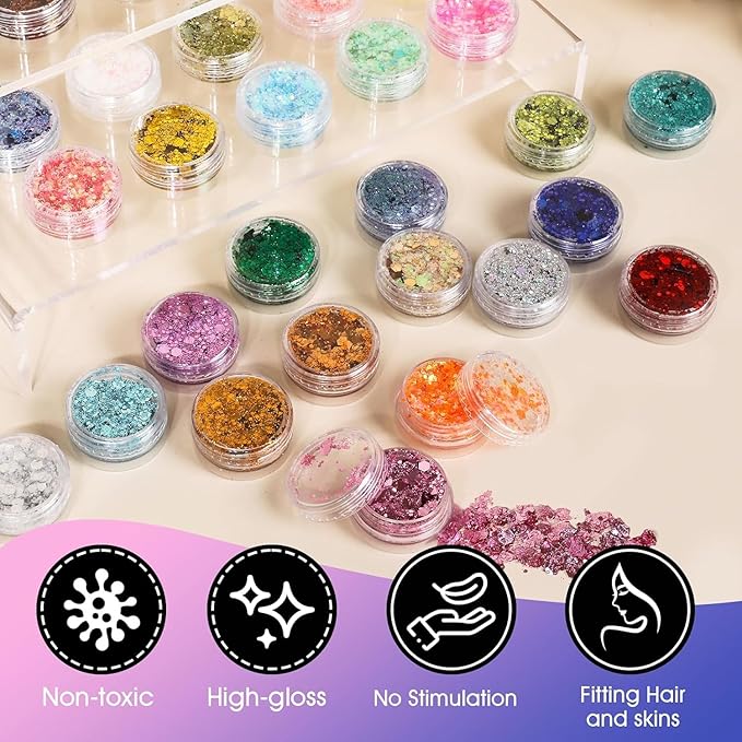 AROIC 40 Colors Body Glitter, Mardi Gras Accessories Hair Glitter for Kids Women Glow in The Dark, Eyeshadow Face Sparkles, Makeup Festivals, Raves, Cosplay, Concerts Face Paint St Patricks Day Gifts