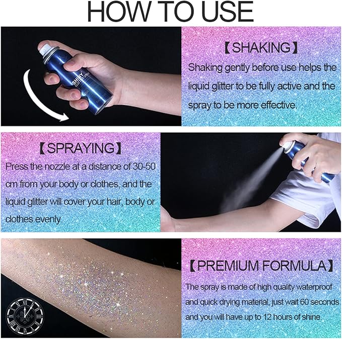 Face and Body Glitter Spray for Women, Temporary Glitter Hairspray Shimmer Makeup for Mardi Gras Singer Concerts Music Rave Festival Accessories, Up to 8 Hour, Holo Silver, 2oz
