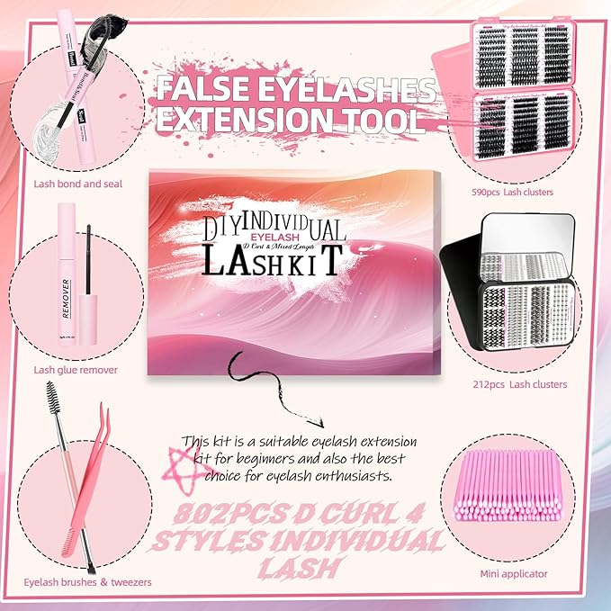 QUKLOGEN DIY Lash Extension Kit 802Pcs D Curl 4 styles Individual Lash with Bottom Lash Clusters Lash Bond and Seal,Quick Glue Remover Tweezers Eyelash Brush Mini Applicator (LASH002)