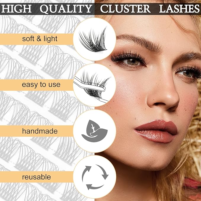 QUEWEL Cluster Lashes 72 Pcs Wide Stem Individual Lashes C/D Curl 8-16mm Length DIY Eyelash Extension False Eyelashes Soft for Personal Makeup Use at Home (Fluffy-C-14)