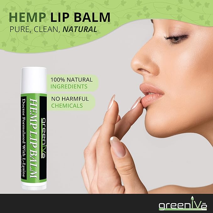 GreenIVe Hemp Lip Balm Vegan Hemp Seed Oil Omegas 3 6 Vitamin E L-Lysine Hydrating Handcrafted Natural Lip Care Chap Stick Moisturizing Balm for Dry Lips Cracked Lips Sensitive Lips (1)