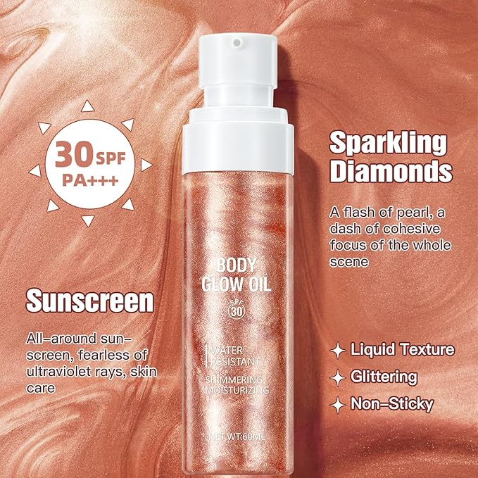 Rose Gold Body Glow Oil with SPF 30 Broad Spectrum, Lightweight Sunscreen Long Lasting Shimmer Body Lotion for All Skin Types, Moisturizer Mineral Oil, Absorbs Quickly, 2 oz