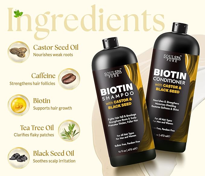 SOULSPA PURE Castor Oil & Black Seed Biotin Shampoo and Conditioner Set - Sulfate Free Nourishing Formula for Thinning Hair & Dry Scalp - Deep Moisture for Men & Women - Made in USA - 16 fl oz Each