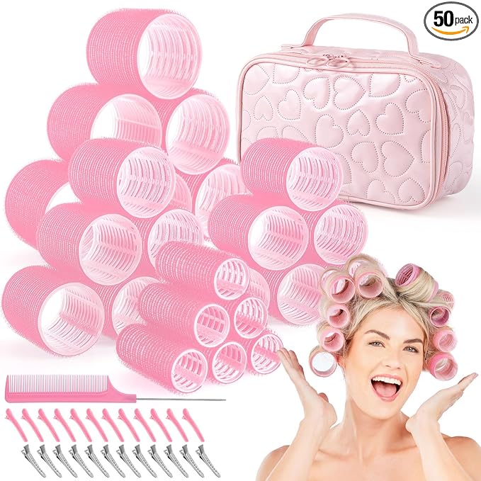 Obeoby 4 Sizes Hair Rollers with Gift Makeup Bag, Pink Rollers Hair Curlers for Long, Short Hair and Bangs Women Girls, Birthday Mothers Day Gifts