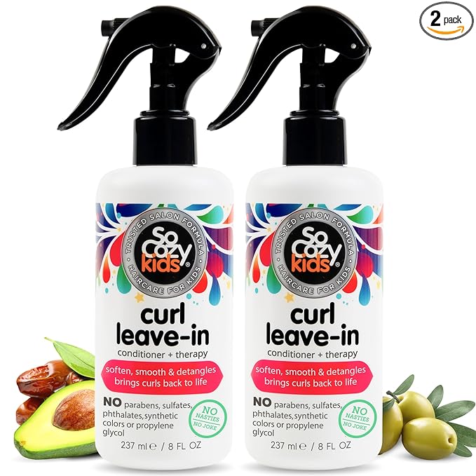 SoCozy Leave In Conditioner Spray (8 Fl Oz, Pack of 2) Detangler for Kids' Curly Hair, Tangle-Free Curls, Gentle & Nourishing with Keratin, Vitamin B5, Olive & Jojoba Oil, Paraben-Free