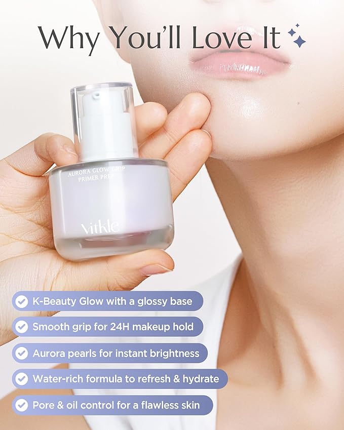 Aurora Glow Grip Primer Prep - Korean Illuminating Makeup Base for Radiant Skin - 8-Layer Hyaluronic Acid and Ceramides - Pore Minimizing, Sebum Control, Long Lasting Makeup, 1.01 fl.oz.
