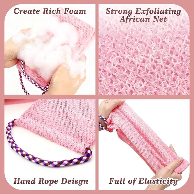 Manmihealth Rabbit-Shaped Silicone Foot Brush Mat for Shower with Non-Slip Suction Cups, Silicone Back Scrubber with Long-Handle, Shower Face Body Scrubber, Scalp Massager, Bath Sponge Net Set (Pink)