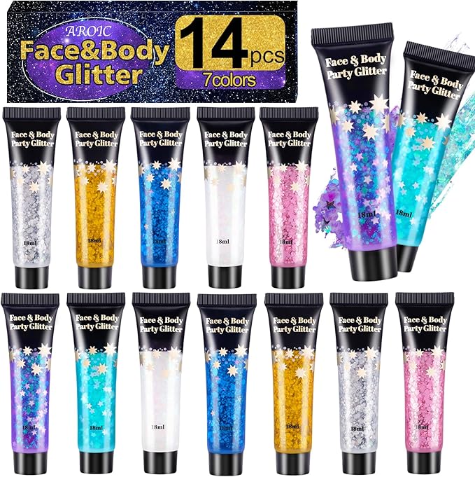AROIC 14 Pcs Body Glitter - 7 Colors Mermaid Fairy Sparkle Makeup, Face & Hair Glitter Gel for Women Match with Mermaid Costume, Concerts Rave Accessories, Face Paint, Cosplay, Festival Birthday Party
