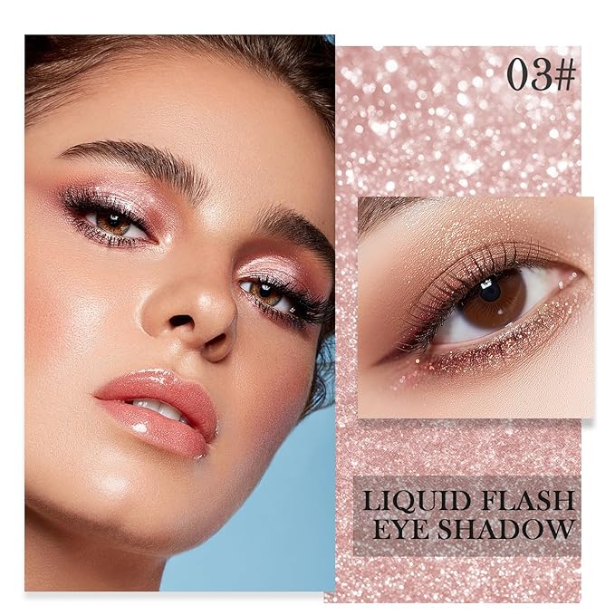 Liquid Glitter Eyeshadow Eyeliner, High Pigment Metallic Shimmer Eyeshadow Liner, Quick Drying Sparkle Eye Shadow, Lightweight Long-Lasting Shiny Eyes Liner Highlighter Makeup, 03# Sunset Champagne