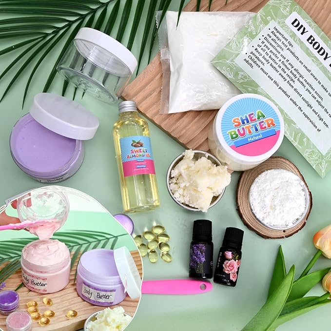 JUYRLE Body Butter Making Kit- Shea Butter Lotion Making Kit, DIY Crafts for Adults with Organic Shea Butter, Sweet Almond Oil, Mica Powder, Natural Whipped Body Butter Maker Skin Care Gifts for Women