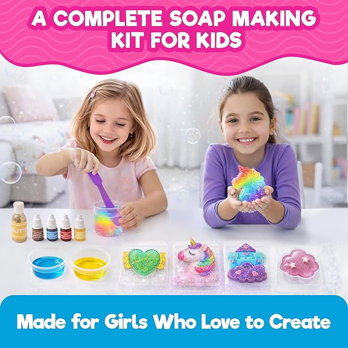 Doctor Jupiter Unicorn Glitter Soap Making Kit for Kids, Unicorn Toys for Girls Ages 4-5-6-7-8 | Crafts for Girls, Birthday Gift Ideas for 4+ Year olds | 25+ Soap Recipes