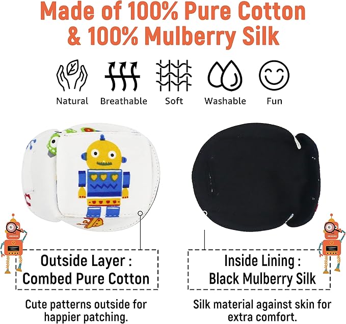 Astropic 3D Cotton & Silk Eye Patch for Kids | Boys Eye Patch for Glasses | Medical Eyepatch for Children with Lazy Eye (Yellow Robot, Right Eye)