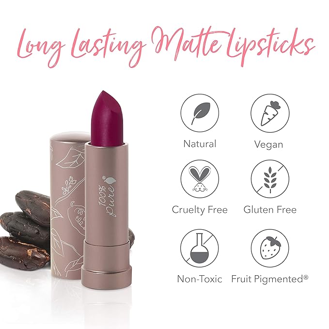 100% PURE Cocoa Butter Matte Lipstick Full Stay All Day Coverage, Lasting Moisturizing & Softening Natural Lip Color for All Skin Tones, Vegan Fruit Pigmented Hyacinthus (Deep Berry Purple) - 0.15 oz