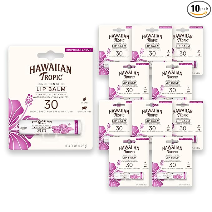 Hawaiian Tropic Tropical Lip Balm SPF 30 | SPF Lip Balm, Beach Essentials, Travel Sunscreen for Lips, Beach Necessities, Summer Essentials, Sunblock for Lips, Sun Protection, 0.14oz (Pack of 10)