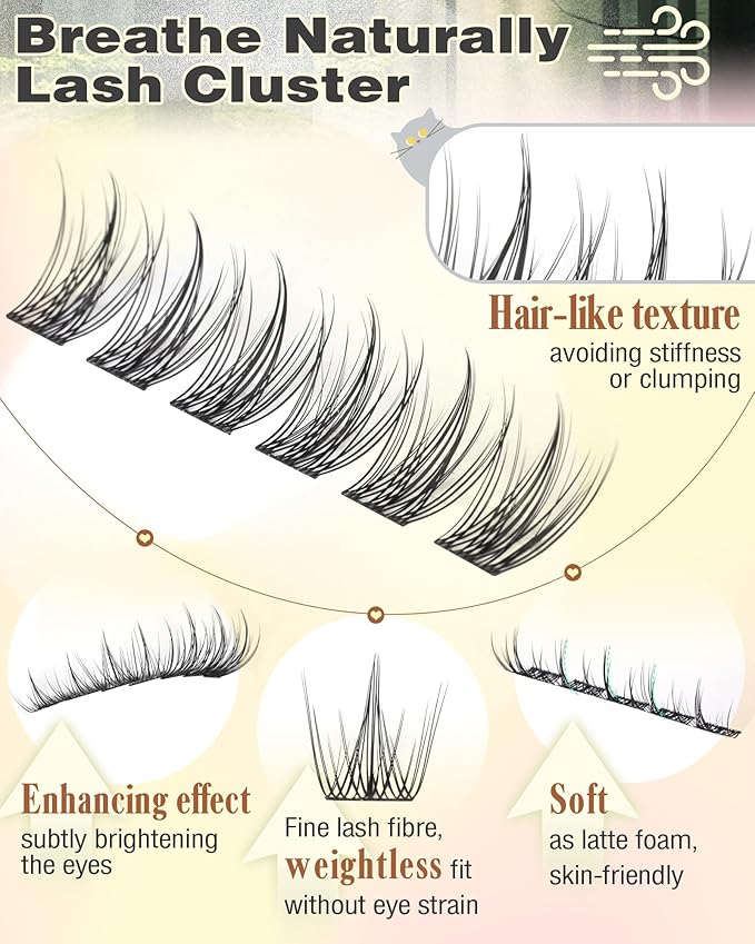 Natural Lash Clusters Kit Wispy Eyelash Clusters Fairy Cluster Eyelash Extensions Kit C Curl Lash Extension Kit Waterproof Individual Lashes (With Tweezers)