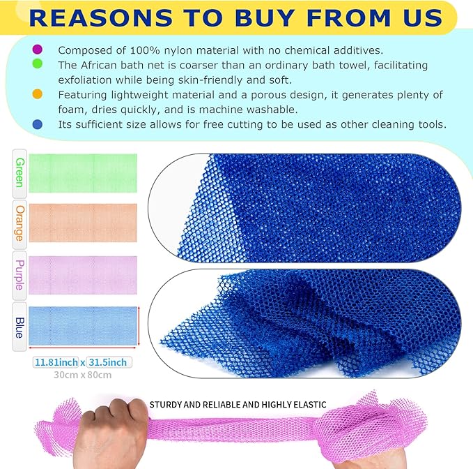 4 Pieces African Net Sponge for Deep Exfoliation – African Net Sponge Authentic, Exfoliating Washcloth, Quick-Drying African Net for Smooth & Glowing Skin(Blue, Orange, Green, Purple)